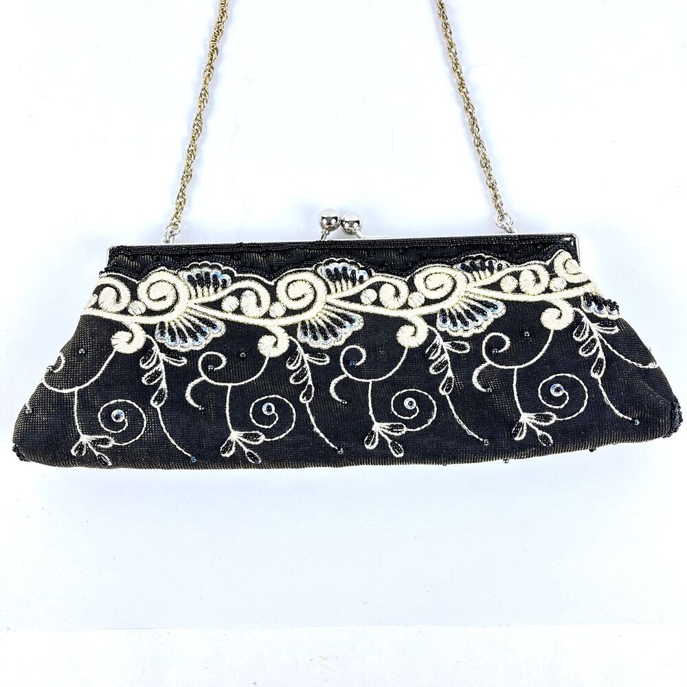Brown beaded handbag gold chain evening purse white embroidery party fancy